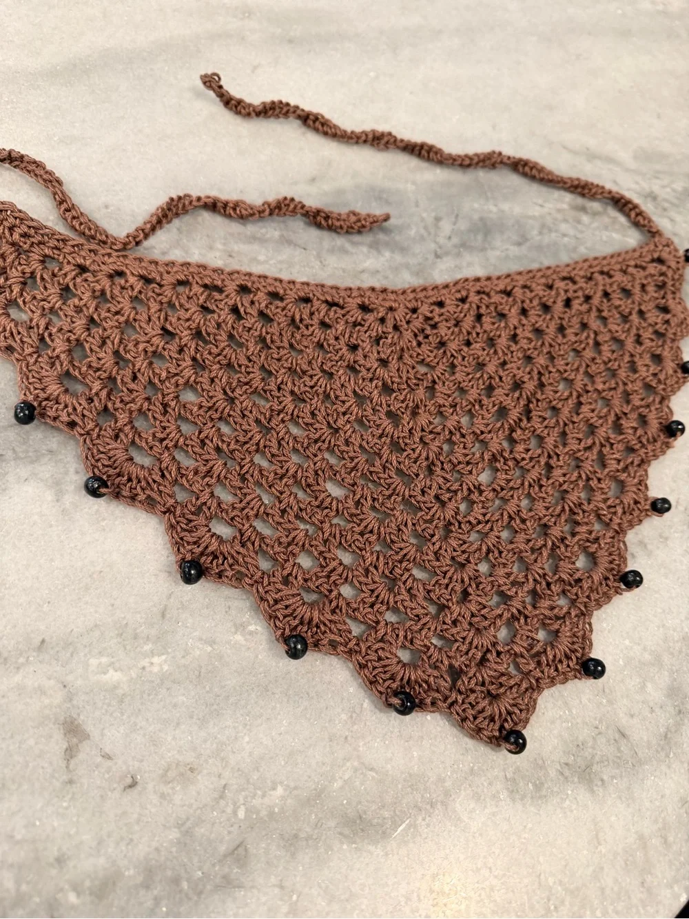 Handmade Crochet Wood Beaded Kerchief Head Scarf Cotton Boho Bandana Cottagecore